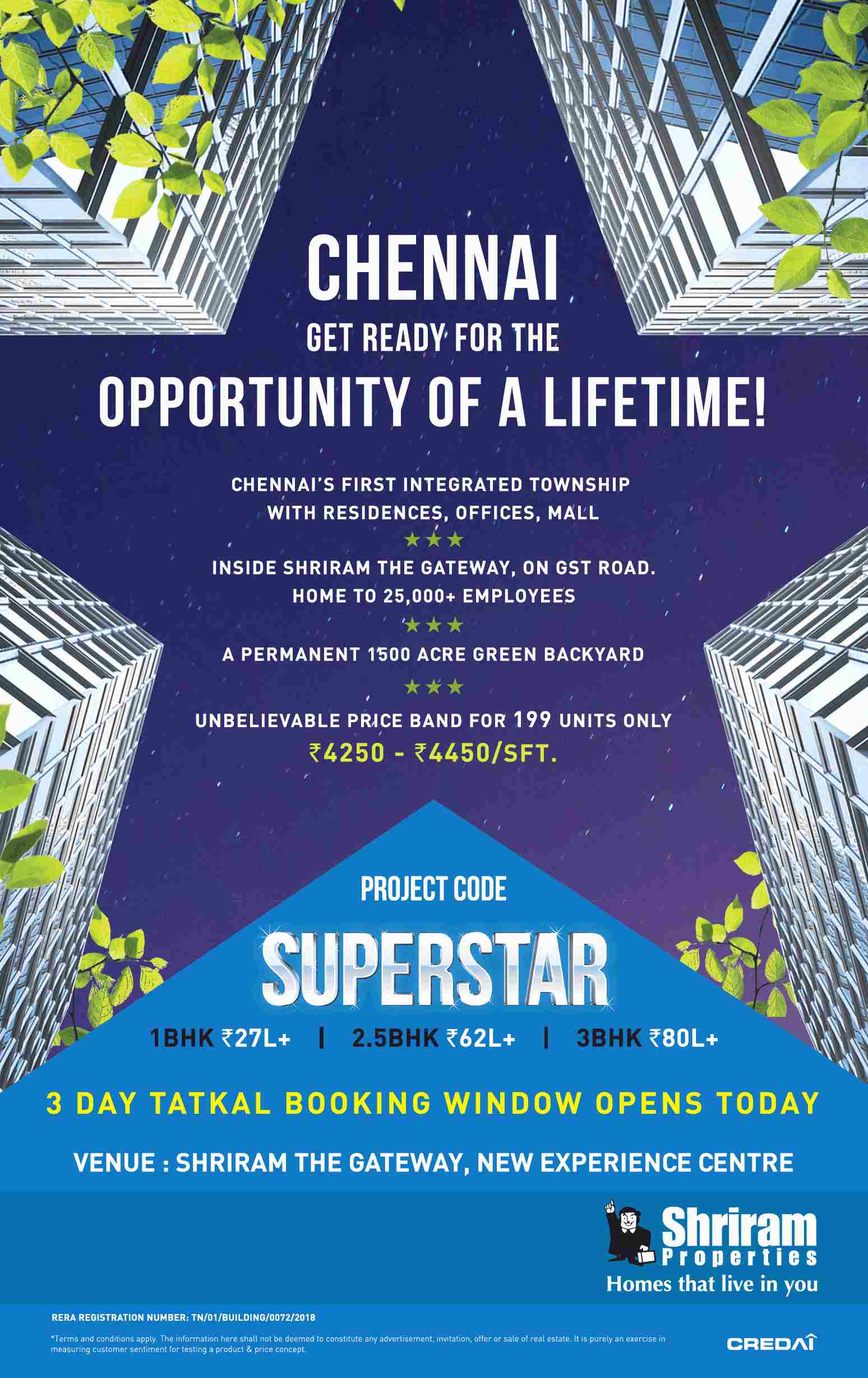 3 days tatkal booking window opens with project code Superstar at Shriram Home in Chennai